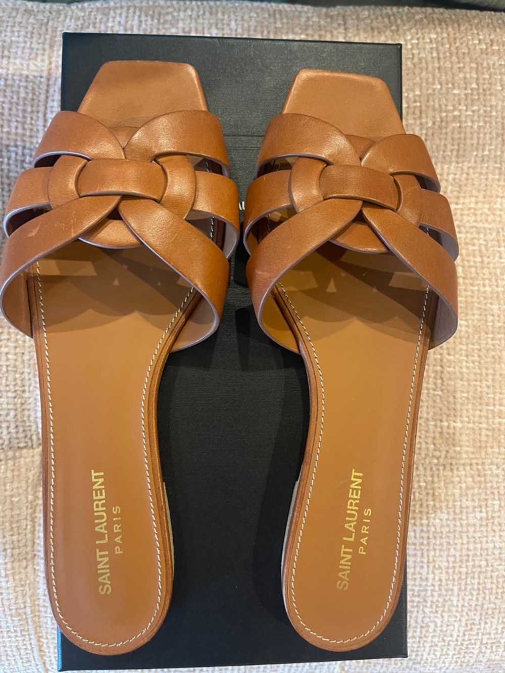 Saint Laurent Cognac Leather Woven Slide Sandals